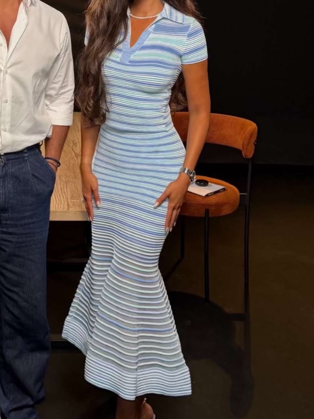 Striped Polo Midi Dress in Light Blue and White